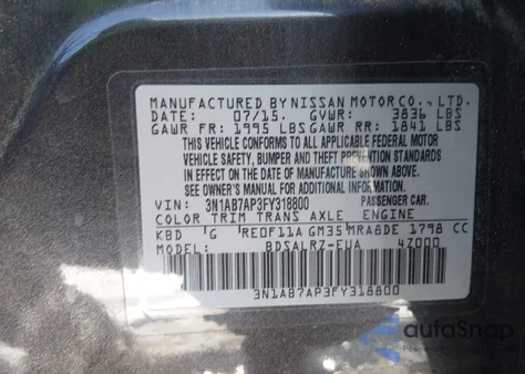 2015 Nissan Sentra Sr from USA, damaged, VIN 3N1AB7AP3FY318800